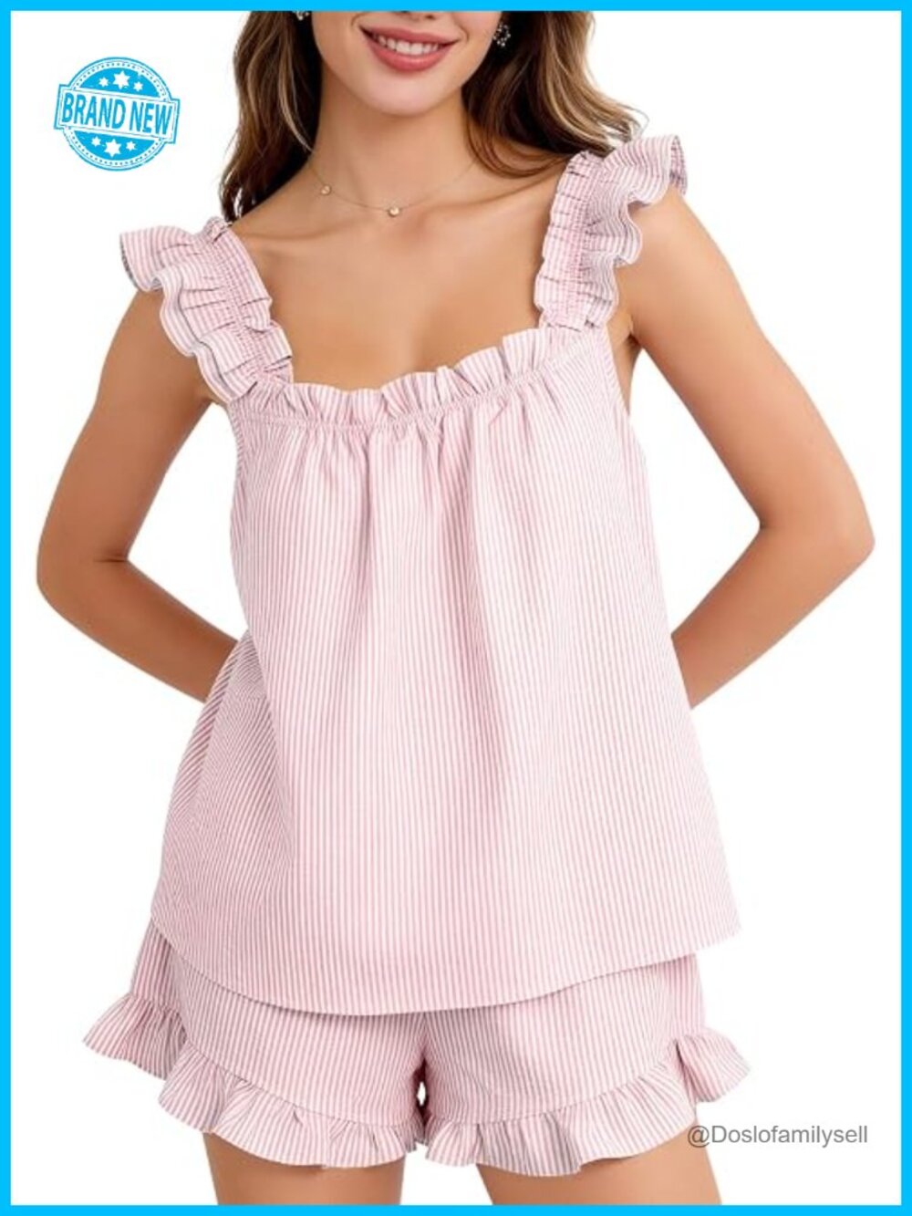 Cotton Striped Ruffle Pajama Set 2 Piece Sleeveless Sleepwear